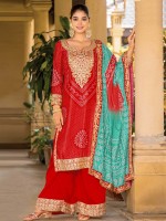 Red Real Chinon Silk Digital Print Plazzo Suit